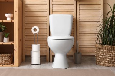 Tuvaleti, rafı ve bitkileri olan modern tuvaletin şık bir iç mekanı.