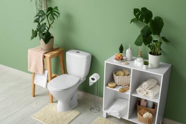 Tuvalette yeşil duvarın yanında klozet ve raf üniteleri var.