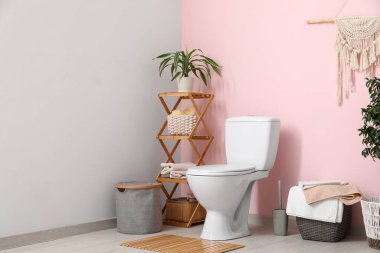 Tuvalet, raf ünitesi, çöp tenekesi ve tuvaletteki pembe duvarın yanındaki saksı.