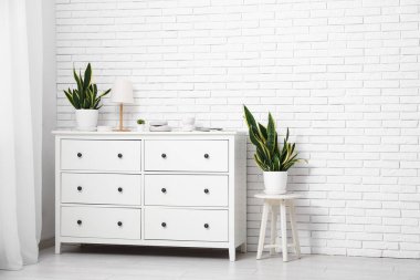 Süslü çekmeceler ve beyaz tuğla duvarın yanındaki bitkiler.