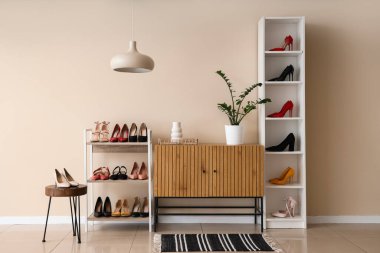 Kadın ayakkabıları, raf üniteleri ve çekmeceleri olan ışık odasının içinde.