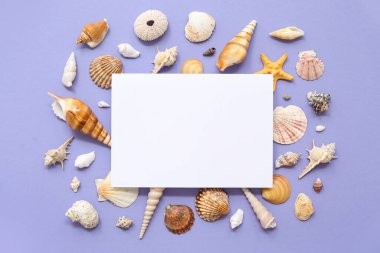 Birçok farklı deniz kabuğu ve eflatun arkaplanda boş bir kart.