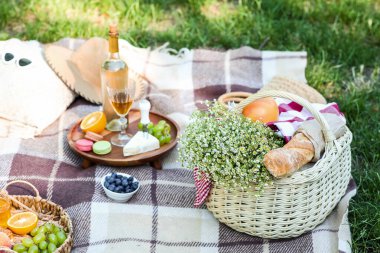 Papatya çiçekli sepet, lezzetli yemek ve parkta romantik piknik için bir şişe şarap.