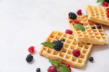 Farklı taze böğürtlenli Belçika waffle 'ları ve beyaz arka planda nane şekeri