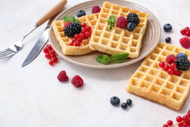 Farklı taze böğürtlenli Belçika waffle tabağı ve beyaz arka planda nane.