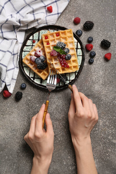 Female Hands Cutlery Plate Sweet Belgian Waffles Different Fresh Berries — Stock Photo, Image