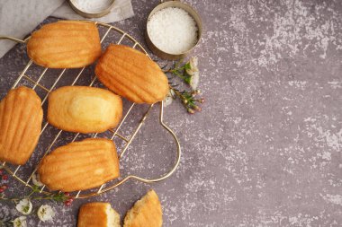 Lezzetli madeleine 'li kompozisyon ve gri arka planda hindistan cevizi taneli kase.