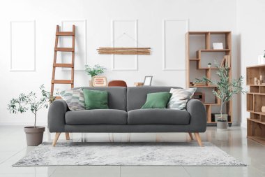 Sıcak kanepe, merdiven, raf ünitesi ve oturma odasında dekoratif zeytin ağacı.