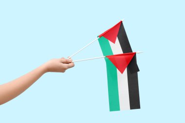 Mavi arka planda Filistin bayrakları olan bir kadın el.