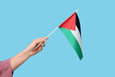 Mavi arka planda Filistin bayrağı taşıyan bir kadın el.