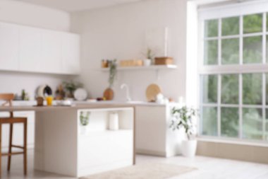 Tezgah, masa ve bitkilerle aydınlık mutfağın bulanık görüntüsü