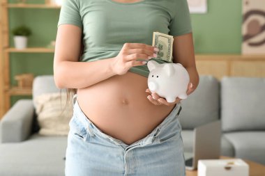 Genç hamile kadın evdeki domuz kumbarasına para yatırıyor, yakın plan. Annelik Faydası konsepti