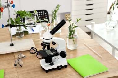 Biyoloji sınıfında üzerinde bitki bulunan mikroskop ve mataralar, yakın plan.