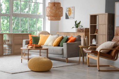 Rahat bir kanepe, koltuk ve kayısı tepsisi oturma odasının iç tarafındaki sehpada.