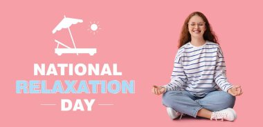 Ulusal Rahatlama Günü için meditasyon yapan genç bir kadınla bayrak.