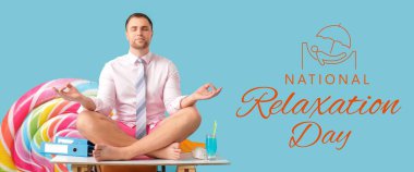 İş yerinde meditasyon yapan işadamlarıyla Ulusal Rahatlama Günü için afiş