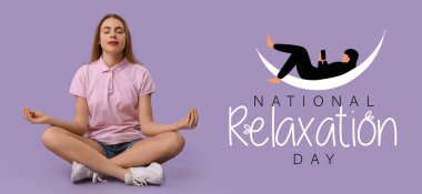 Ulusal Rahatlama Günü için meditasyon yapan genç bir kadınla bayrak.