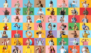 Renkli arka planda birçok turistin kolajı