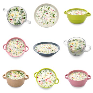 Lezzetli okroska çorbası kolajı beyaza izole edilmiş.