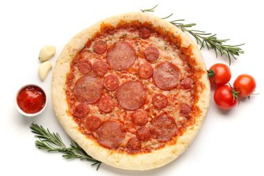 Delicious pepperoni pizza and ingredients isolated on white background