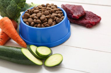 Sebzelerin yanında sağlıklı hayvan mamasıyla kase ve beyaz ahşap arka planda et.