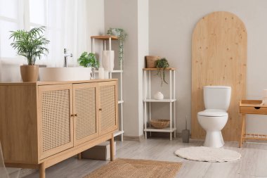 Modern tuvaletin klozeti ve çekmeceleri çok şık.