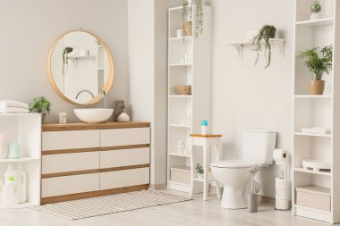 Modern klozet, lavabosu ve aynası olan çekmeceler tuvalette beyaz duvarın yanında.