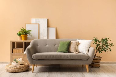 Gri kanepeli ve çerçeveli oturma odasının içi.