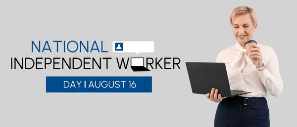 stock image Banner for National Independent Worker Day with mature businesswoman holding laptop