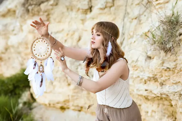 stock image Female shaman with dream catcher outdoors