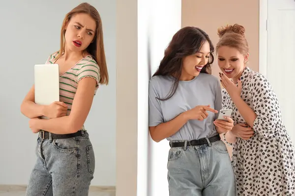 stock image Young woman displeased of her gossiping neighbours at home