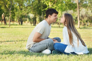 Güzel genç mutlu çift yaz parkında oturuyor.