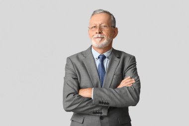 Gri arka planda kravatı olan şık takım elbiseli yakışıklı, olgun bir adam.