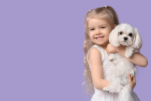 stock image Happy little girl with cute Maltese dog on lilac background