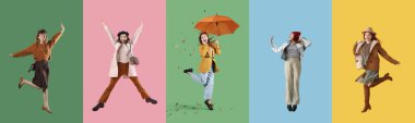 Renkli arka planda modern sonbahar kıyafetleri içinde zıplayan kadınlar.