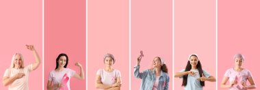 Pembe arka planda bir sürü kadın var. Göğüs kanseri farkındalığı konsepti