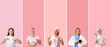 Pembe arka planda bir sürü kadın var. Göğüs kanseri farkındalığı konsepti