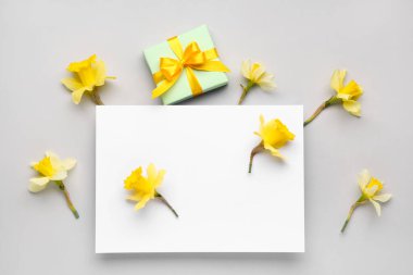Güzel narsis, hediye kutusu ve gri arkaplanda dikdörtgen boş kart.