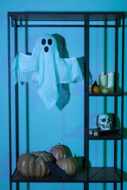 Karanlık salonda Cadılar Bayramı dekorlu raflar.