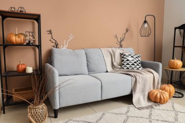 Cadılar Bayramı için kanepe ve balkabaklarıyla dekore edilmiş oturma odasının içi.