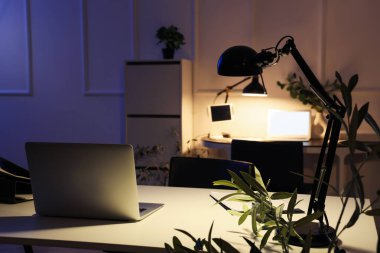 Masasında dizüstü bilgisayarı olan parlak bir lamba.