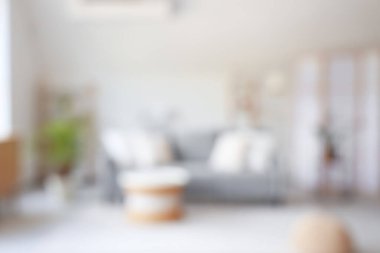 Gri kanepe, masa ve raf üniteleriyle oturma odasının bulanık görüntüsü
