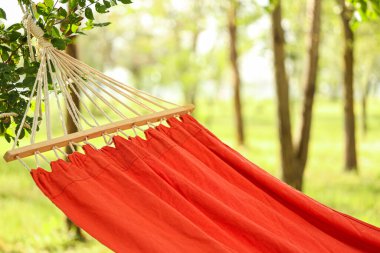 Parkta asılı kırmızı hamak, yakın plan.