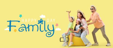 Mutlu Aile Günü için bavullu ve uçaklı turistlerle pankart