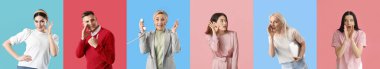 Set of gossiping people on color background