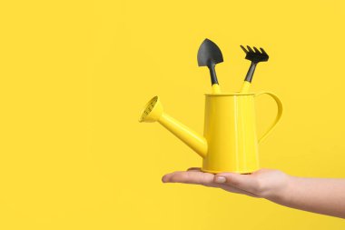 Bahçe tırmığı ve sarı arka planda kürekle su kabını tutan kadın eller.