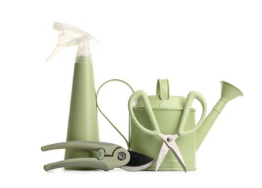 Beyaz arka planda farklı bahçe malzemeleri.
