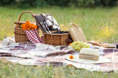 Parkta ekose şapka, yakın plan.