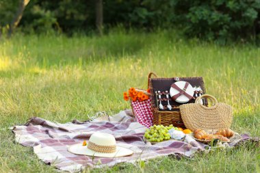Piknik sepeti, lezzetli yemekler ve parktaki ekoseli şapka.