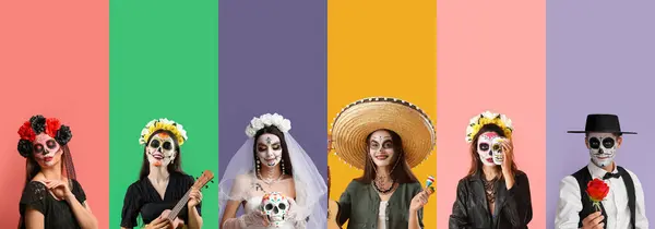 stock image Set of people with painted skulls on faces against color background. Celebration of Mexico's Day of the Dead (El Dia de Muertos)